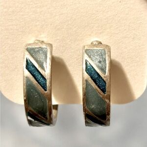 Vintage Silver tone Earrings with Painted enamel of shades of Blues